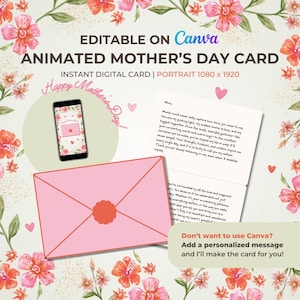 Tarjeta animada del Día de la Madre (versión móvil): plantilla editable de Canva / Saludo digital en video / Regalo de descarga instantánea para mamá