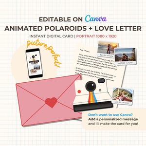 Puede incluir: Un diseño de tarjeta digital con un sobre rosa y un corazón, una cámara retro con una franja de arcoíris y un teléfono inteligente que muestra una foto. El diseño incluye el texto "Animated Polaroids + Love Letter" y "Editable on Canva."