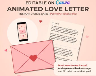 Geanimeerde liefdesbrief (mobiele versie) – bewerkbare canva-sjabloon | Digitale videowenskaart | Romantisch cadeau ver weg
