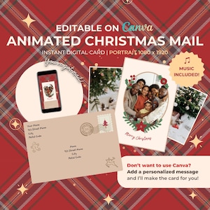 Op de afbeelding: Een digitaal kerstkaartontwerp met de tekst "ANIMATED CHRISTMAS MAIL" en "EDITABLE ON Canva". Het ontwerp bevat een familiefoto, een smartphone-mockup en een envelop. De achtergrond is een rood ruitpatroon.