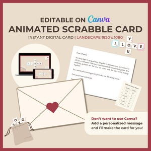 Carta de amor animada de Scrabble: plantilla editable de Canva / Tarjeta de felicitación digital en video / Regalo romántico a distancia