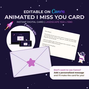 Puede incluir: Tarjeta digital animada con el texto «Te echo de menos». El diseño incluye un portátil y un teléfono que muestran la tarjeta, un sobre con una estrella y un astronauta. Editable en Canva.