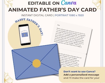 Carte de voeux animée pour la fête des pères (version mobile) - Modèle canva modifiable | Accueil vidéo numérique | Cadeau à téléchargement immédiat pour papa