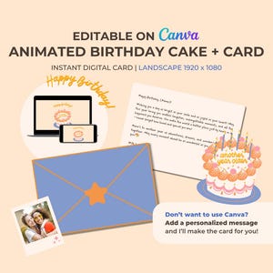 以下が含まれることがあります： ケーキ、封筒、写真、デジタルデバイスを備えた、アニメーションの誕生日ケーキとカードのデザイン。「Happy Birthday!」と「another year older」のテキストが含まれています。Canvaで編集可能。