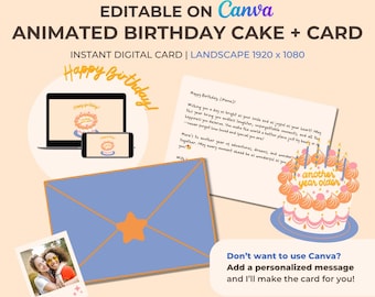 Animated Birthday Cake and Card – Editable Canva Template | Digital Greeting Card Video | Fun Last-Minute Gift