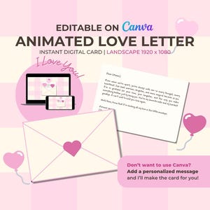 May include: A digital card design with the text "Animated Love Letter" and "I Love You!" in a pink and white theme. The design includes a laptop, smartphone, envelope, and a handwritten letter, all with heart accents. The card is editable on Canva.