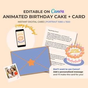 以下が含まれることがあります： ケーキ、ケーキを表示する電話、手紙、写真、オレンジ色の星が付いた青い封筒を備えた、アニメーションの誕生日カードのデザイン。「Happy Birthday」と「another year older」というテキストが含まれています。