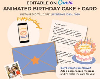 Animierte Geburtstagstorte und Karte (mobile Version) - Bearbeitbare Canva Vorlage | Digitales Grußkartenvideo | Lustiges Last-Minute-Geschenk