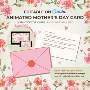 Carte de voeux animée pour la fête des Mères – Modèle canva modifiable | Accueil vidéo numérique | Cadeau à téléchargement immédiat pour maman