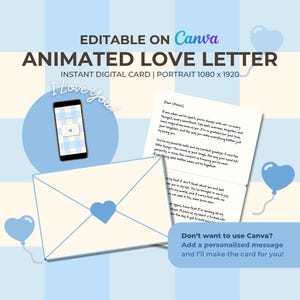 Puede incluir: Diseño de carta de amor animada con un tema azul claro y blanco. El diseño incluye un teléfono inteligente que muestra una carta de amor, un sobre con un corazón y una carta escrita a mano. El texto dice "I Love You!" y "Editable on Canva".
