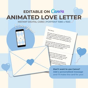 Lettera d'amore animata a quadri blu (versione mobile) - Modello Canva modificabile / Biglietto d'auguri video digitale / Regalo romantico a lunga distanza