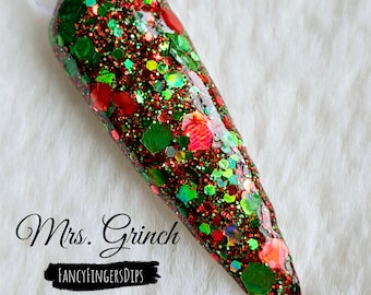 Mrs. Grinch- Red And Green Holographic Glitter Acrylic Dip Powder