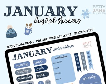 January Winter Mini Digital Sticker Kit | 25 Precropped Winter-Themed Stickers for Digital Planners