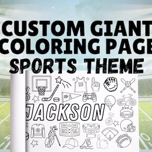 May include: A custom giant coloring page with a sports theme. The page features various sports-related illustrations, including a basketball hoop, hockey stick, jersey, and football. The name "JACKSON" is prominently displayed.