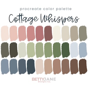 May include: A digital colour palette for Procreate called "Cottage Whispers" with 24 colour swatches in shades of pink, green, blue, brown, and beige.