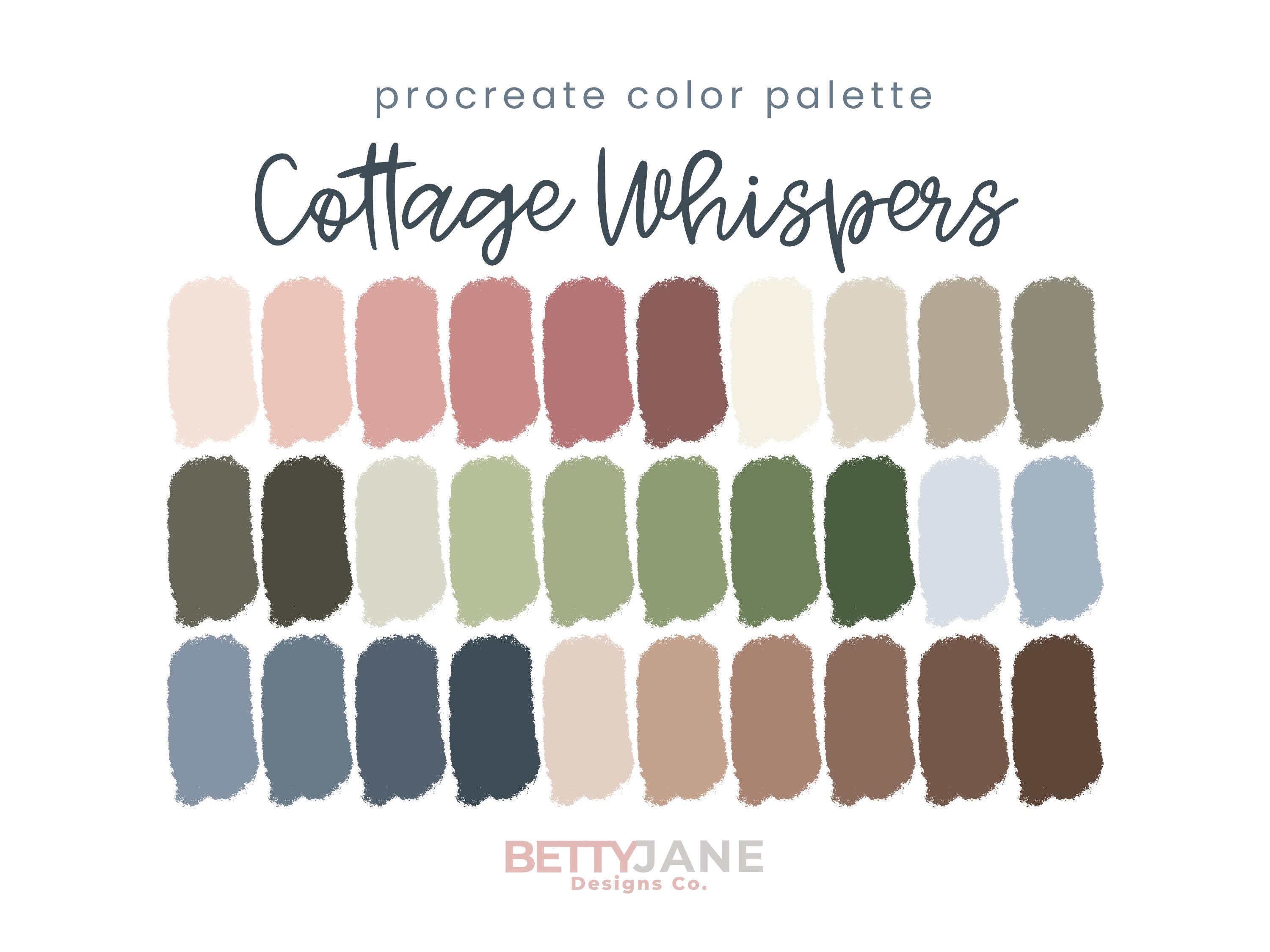 Paleta de colores para Procreate English Cottage — 30 tonos cálidos y terrosos, pasteles apagados y neutros con códigos hex