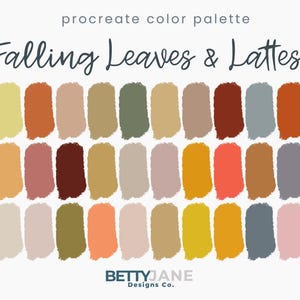 以下が含まれることがあります： 「Falling Leaves & Lattes」と題されたProcreateカラーパレット。黄色、オレンジ、茶色、ピンク、緑、グレーの色合いの28色のカラーサンプルが特徴です。このパレットはBetty Jane Designs Co.によってデザインされました。