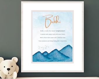 Bodhi, Name Meaning, Poem, Nursery Wall Art, Nursery Decor, Gift, Kids Room Art, Nursery, Blue, Digital Download Art, Digital Print