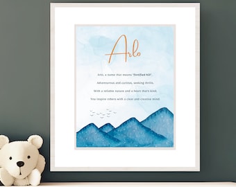 Arlo, Significado do Nome, Poema, Arte de Parede para Quarto de Bebê, Decoração para Quarto de Bebê, Presente, Arte para Quarto Infantil, Quarto de Bebê, Azul, Arte para Download Digital, Impressão Digital