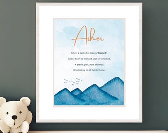 Asher, betekenis naam, gedicht, kunst aan de muur kinderkamer, decor kinderkamer, cadeau, kinderkamerkunst, kinderkamer, blauw, digitale downloadkunst, digitale print