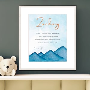 Zachary, Name Meaning, Poem, Nursery Wall Art, Nursery Decor, Gift, Kids Room Art, Nursery, Blue, Digital Download Art, Digital Print