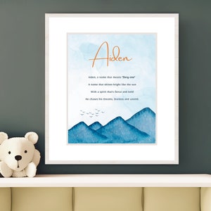 Aiden, Name Meaning, Poem, Nursery Wall Art, Nursery Decor, Gift, Kids Room Art, Nursery, Blue, Digital Download Art, Digital Print