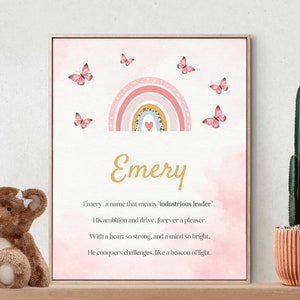 Emery, significado del nombre, poema, arte de pared para guardería, decoración de guardería, regalo, arte para habitación de niños, guardería, rosa, arte de descarga digital, impresión digital