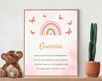 Gianna, Name Meaning, Poem, Nursery Wall Art, Nursery Decor, Gift, Kids Room Art, Nursery, Pink, Digital Download Art, Digital Print