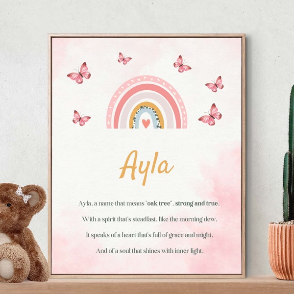 Ayla, Name Meaning, Poem, Nursery Wall Art, Nursery Decor, Gift, Kids Room Art, Nursery, Pink, Digital Download Art, Digital Print