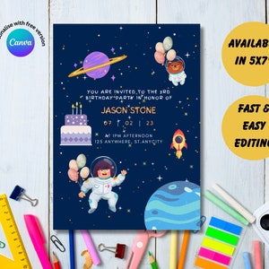 Kids Astronaut Space Birthday Invitation, Kids Invitation, Boy Invitation, Astronaut, Kid Invite, Editable Template, Editable Canva, Bday