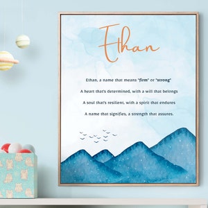 Ethan, Namen Bedeutung, Gedicht, Kinderzimmer Wandkunst, Kinderzimmer Dekor, Geschenk, Kinderzimmer, Blau, Digital Download Kunst, Digitaldruck