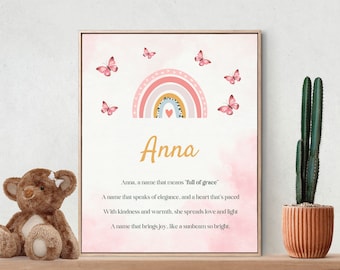 Anna, Name Meaning, Poem, Nursery Wall Art, Nursery Decor, Gift, Kids Room Art, Nursery, Pink, Digital Download Art, Digital Print