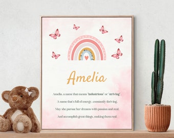 Amelia, Name Meaning, Poem, Nursery Wall Art, Nursery Decor, Gift, Kids Room Art, Nursery, Pink, Digital Download Art, Digital Print