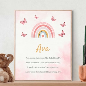 Ava, signification du nom, poème, art mural pour chambre d'enfant, décoration de chambre d'enfant, cadeau, art de la chambre d'enfant, chambre d'enfant, rose, téléchargement numérique d'art, impression numérique