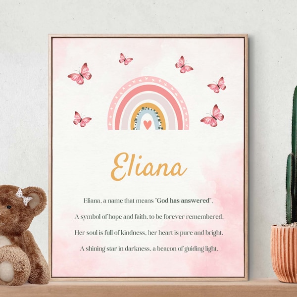 Eliana, Name Meaning, Poem, Nursery Wall Art, Nursery Decor, Gift, Kids Room Art, Nursery, Pink, Digital Download Art, Digital Print