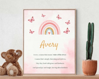 Avery, Name Meaning, Poem, Nursery Wall Art, Nursery Decor, Gift, Kids Room Art, Nursery, Pink, Digital Download Art, Digital Print