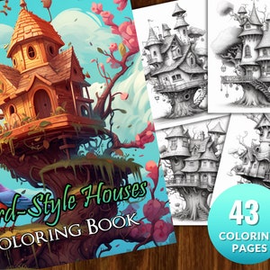 Bird-Style Fairy House Coloring Book: Whimsical Avian Abodes Adult Coloring Book by NuddleArt | 43 Images | Printable PDF Instant Download