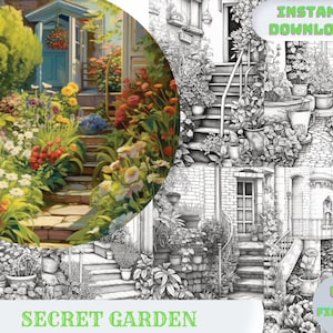 40 Secret Garden Coloring Book, Adults kids Instant Download -Grayscale Coloring Book -Printable PDF, Flower Coloring, Garden Coloring
