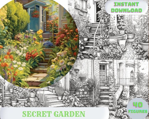 40 Secret Garden Coloring Book, Adults kids Instant Download -Grayscale Coloring Book -Printable PDF, Flower Coloring, Garden Coloring