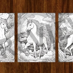 May include: Three black and white illustrations of unicorns. The first unicorn is running through clouds. The second unicorn is running through clouds with a rainbow in the background. The third unicorn is running through a mountainous landscape.