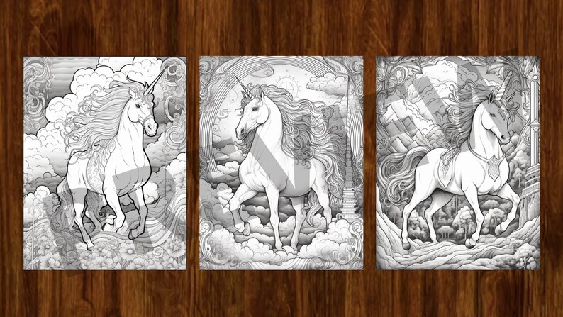 May include: Three black and white illustrations of unicorns. The first unicorn is running through clouds. The second unicorn is running through clouds with a rainbow in the background. The third unicorn is running through a mountainous landscape.