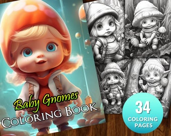 Gnome Baby: Digitala målarbilder för vuxna, 34 sidor, utskrivbar målarbok för vuxna, målarbok, målarbilder för vuxna