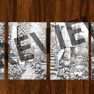 May include: Four black and white illustrations of a garden scene with a stone staircase, potted plants, and a fountain. The illustrations are in a vintage style.