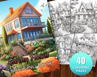 Garden Cottages Coloring Book, Adults Instant Download -Grayscale Coloring Page - Printable PDF, cottages, cute cottage life, flower house