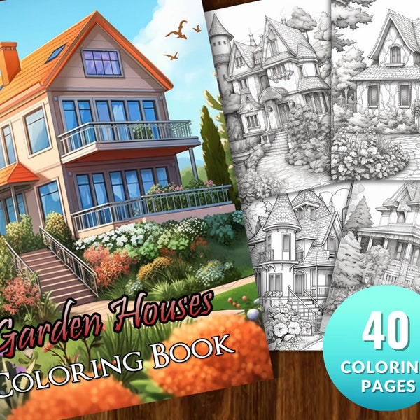 Garden Cottages Coloring Book, Adults Instant Download -Grayscale Coloring Page - Printable PDF, cottages, cute cottage life, flower house