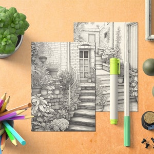 May include: Two black and white pencil drawings of a stone building with a doorway and steps leading up to it. The drawings are surrounded by a variety of plants and flowers.