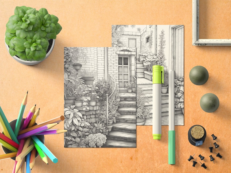 May include: Two black and white pencil drawings of a stone building with a doorway and steps leading up to it. The drawings are surrounded by a variety of plants and flowers.