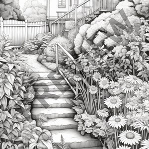 May include: A black and white pencil drawing of a stone staircase leading up to a house. The staircase is surrounded by lush greenery and flowers.