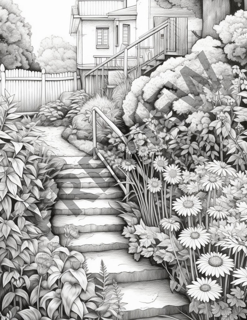 May include: A black and white pencil drawing of a stone staircase leading up to a house. The staircase is surrounded by lush greenery and flowers.