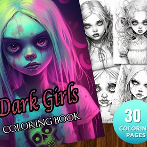30 creepy Dark Girls Coloring Pages | Printable Adult Coloring Pages | Download Grayscale Illustration